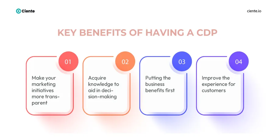 Key benefits of having a CDP  1. Make your marketing initivatives more transparent  2. Acquire knowledge to aid  in decision making  3. putting the business benifits first  4. Improve the experience for customer
